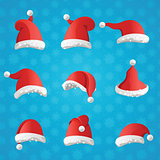 Christmas various hats set in cartoon style on blue background. 