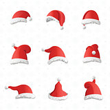 Christmas various hats set in cartoon style on white background.