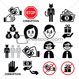 Corruption, no bribes and presents, corrupted businessman icons set