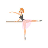 Girl In Pink Skirt In Ballet Dance Class Exercising With The Pole