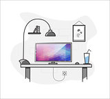 Flat creative home freelance desktop workspace.