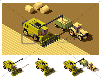 Vector isometric low poly combine harvester mowing