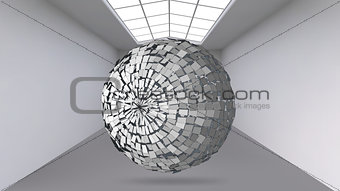 Hanging abstract polygonal object. The white room with the subject in the middle. Exhibition space for objects of modern art. Sci-Fi objects. Structural volumetric grid.