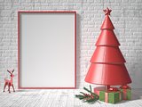 Mock up blank picture frame, Christmas tree decoration and gifts