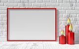 Blank picture frame and red candlestick on white brick wall. Moc