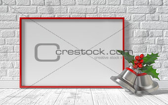 Mock-up red canvas frame, Christmas bells and brick wall. 3D