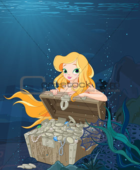 Cute Mermaid Over a Treasure Chest