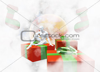 Christmas New Year colorful red and green gift boxes with bows of ribbons and sitting man elf figure on background of colorful balls decorations . Greeting card with holiday tinsel. 3d illustration