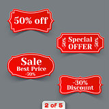 Vector Set of Red Sale Paper Retro Labels. 