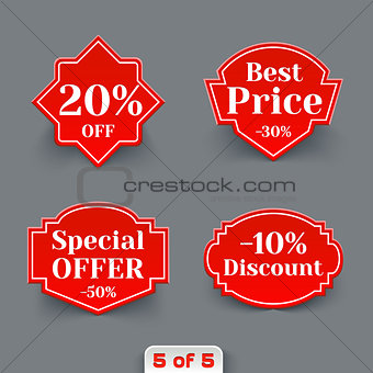 Vector Set of Red Sale Paper Retro Labels. 