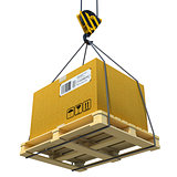 Pallet with cardboard lifted by crane