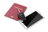Smartphone, passport and car key