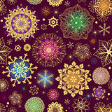 Purple Christmas seamless pattern with colorful snowflakes 