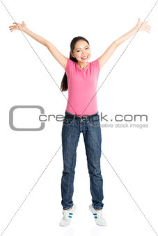 Happy young Asian female arms raised