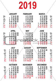 Calendar 2019 grid template
