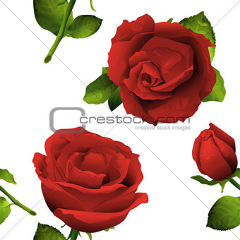 Seamless red rose flower, bud and leaves
