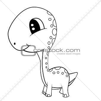 Cute Black and White Cartoon of  Baby Brontosaurus Dinosaur