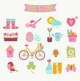 set of 16 flat colorful spring icons