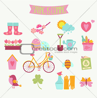 set of 16 flat colorful spring icons