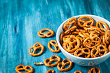 Salty snacks mini pretzels in bowl