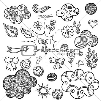 Vector set of fashionable patches elements like heart, flower, mail, cloud, leaf, sun.