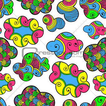 Cute hand drawn seamless pattern with clouds, drops and hearts. Vector illustration