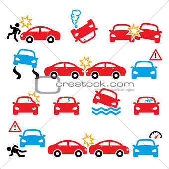 Road accident, car crash, personal injury vector icons set