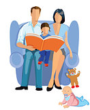 happy family reading a story to children