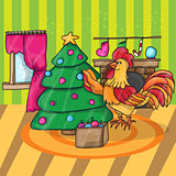 Cartoon cock with tree. Rooster. Vector illustration.