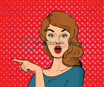 Surprised young woman pointing her finger. Vector graphics. Pop Art.