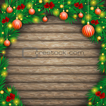 Christmas background of boards in an arch  fir branches