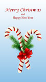 Christmas candy cane decorated with a bow and tree branches