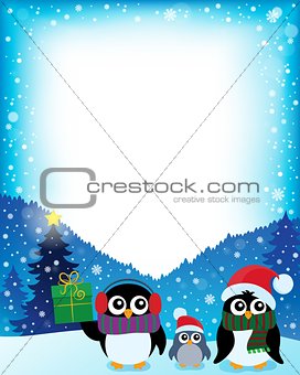 Frame with stylized Christmas penguins 2