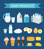 Dairy products icon set, flat style. Milk and Cheese collection. Farm foods. Vector illustration