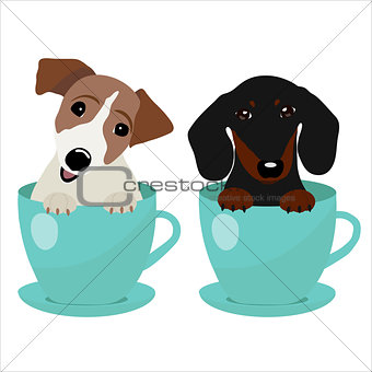 Jack Russell Terrier and Dachshund dog in blue teacup, illustration, set for baby fashion
