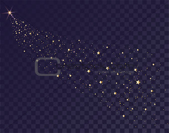 Gold stars glittering trail of Santas sleigh. Tail of comet on transparent background in dark sky