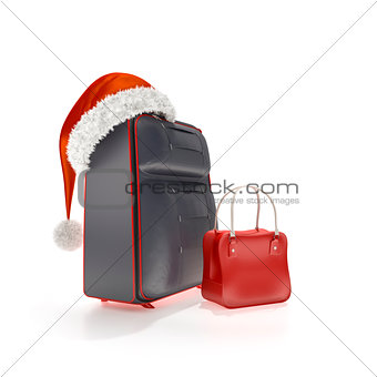 traveling luggage with a red christmas hat