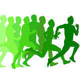 Set of green silhouettes. Runners on sprint, men. vector illustr