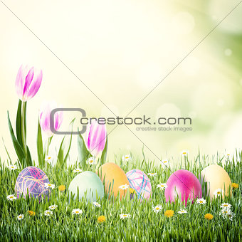 Easter Vintage Background with Eggs and Flowers