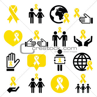 Yellow ribbon icons - suicide prevention, support for troops, adoptive parents symbol