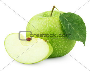 Green apple with leaf and slice isolated on white