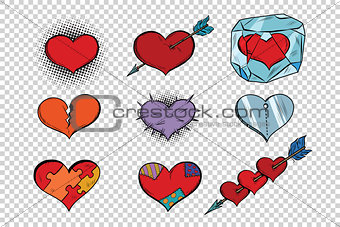 set of Valentine hearts on a transparent background