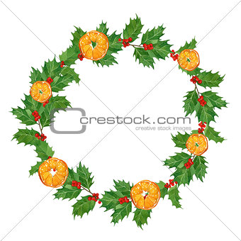 christmas watercolor traditional wreath with oranges,holly berries and leaves on white background.hand drawn illustration.