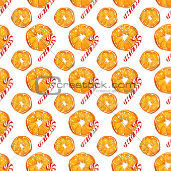 christmas seamless pattern with oranges and candy canes on white background. watercolor holiday illustration.