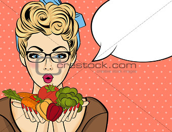 Surprised pop art  woman that holds vegetables  in her hands . C