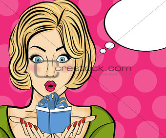 Surprised pop art woman that holds a gift in their hands . Comic
