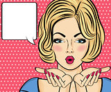 Surprised pop art woman . Comic woman with speech bubble. Pin up