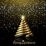 Christmas background with gold star confetti and gold ribbon tre