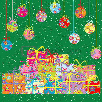Christmas background with present boxes and balls