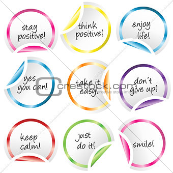 Round stickers with curled corners with positive messages 